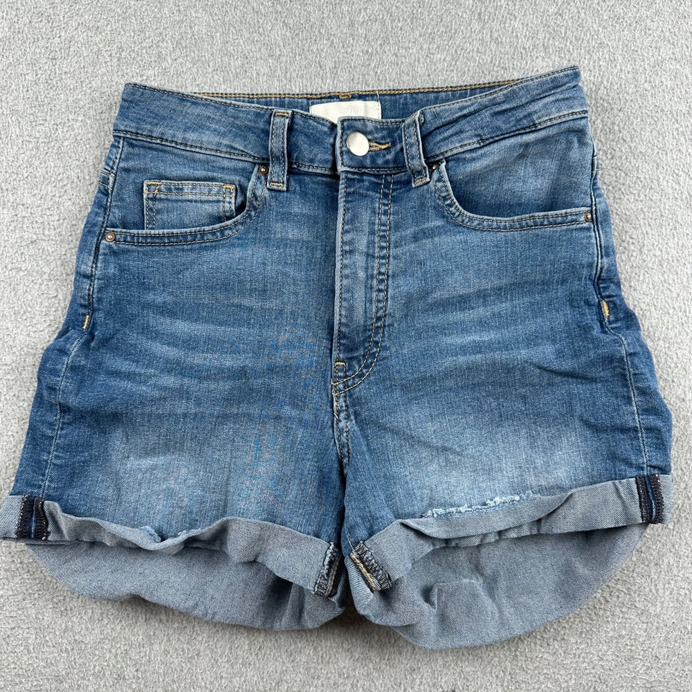 H&M Shorts Womens 4 High Waist Blue Denim Rolled Cuffs Stretch 08174771